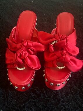 Sugar Thrillz Red Satin Knotted Slide Mules with Crystal Trim